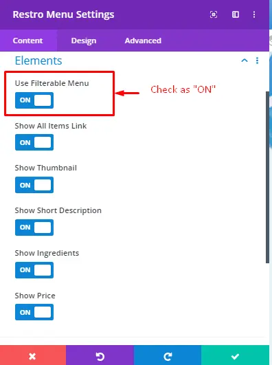 Divi Restro Menu layout 2 elements settings