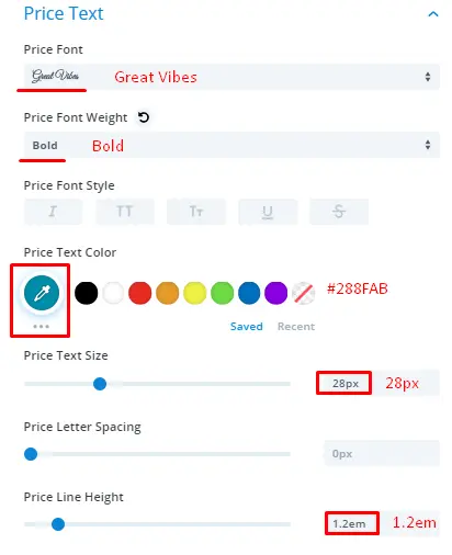 Divi Restro Menu layout 2 price text settings