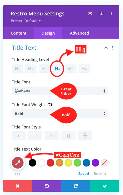 Divi Restro Menu title text settings for layout 1