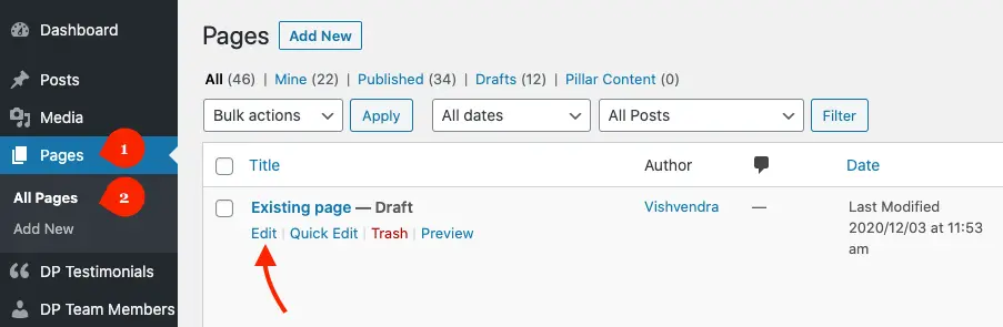 Edit an existing page in WordPress