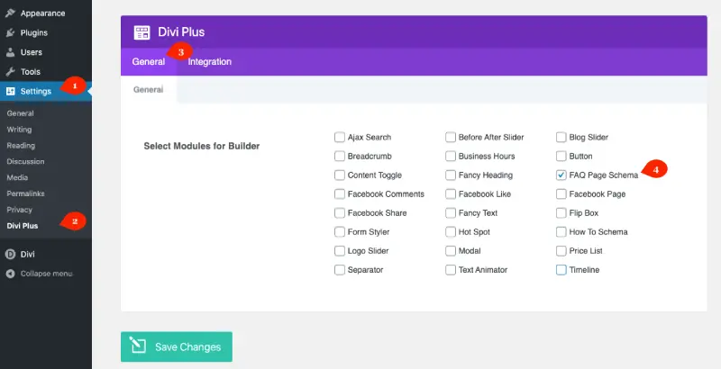 FAQPage Schema module in Divi Plus panel