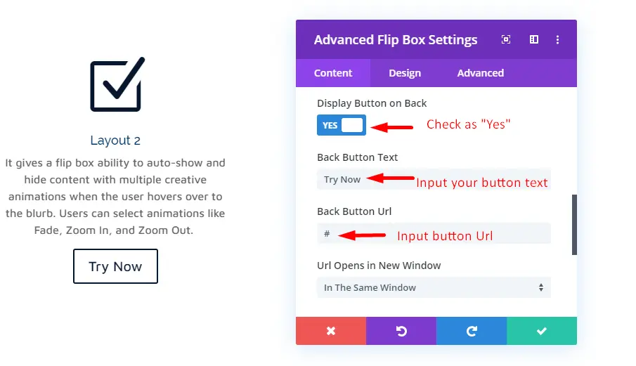 Flip box elements front side button settings