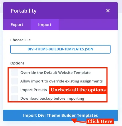 Imported blogy layout file in the Divi theme builder