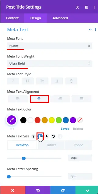 Meta text settings in design tab