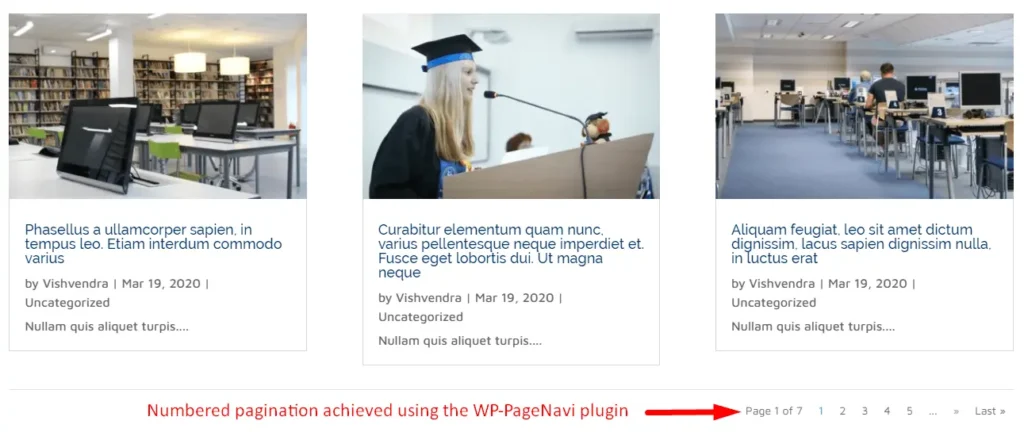 Numbered pagination achieved using the WP-PageNavi plugin