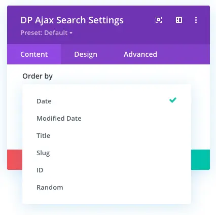 Order by options in the Ajax Search module for Divi