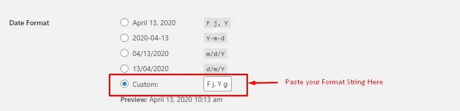 Paste the format string from WordPress.org page