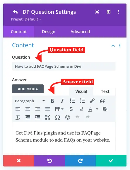 Question and answer field of the Divi Plus FAQPage Schema module