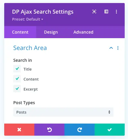 Search area option of the Ajax Search module for Divi