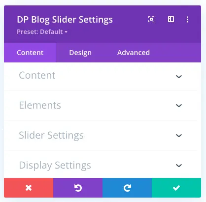 Settings in the content tab of the blog slider module