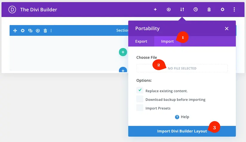Upload Divi builder layout file directly on a page