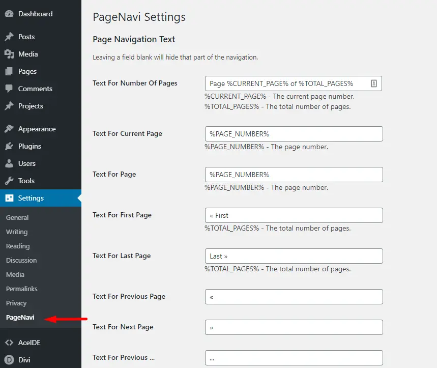 WP-PageNavi WordPress dashboard settings