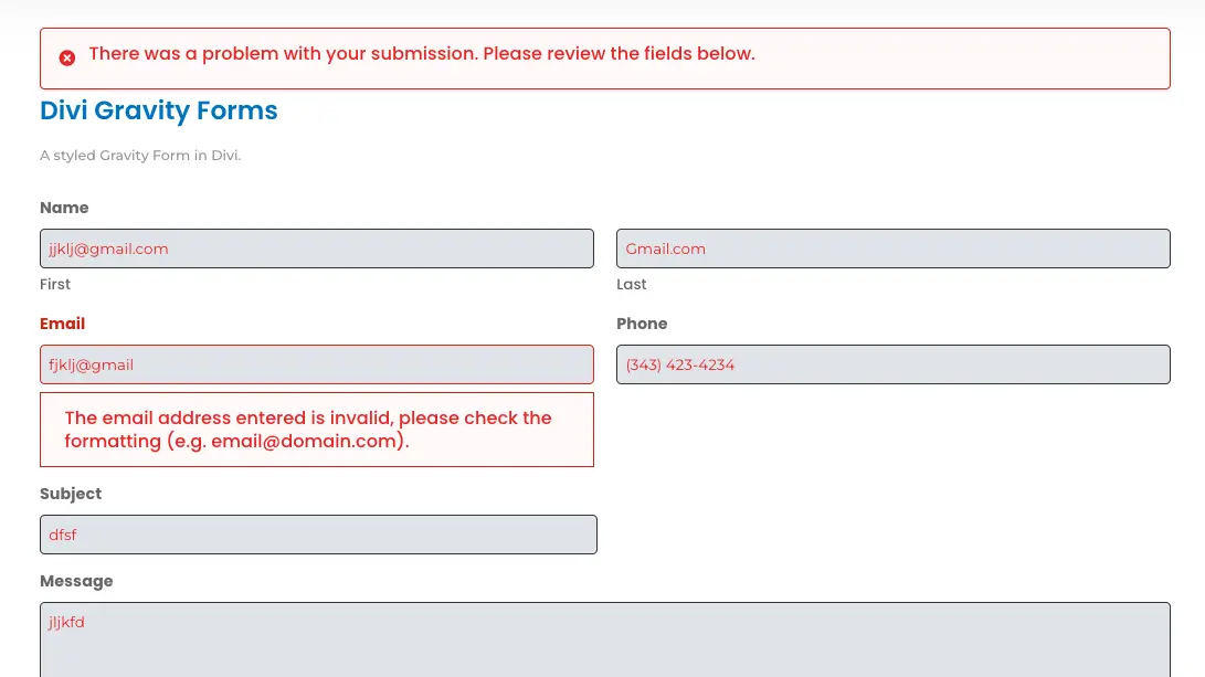 Error message of Divi Gravity form