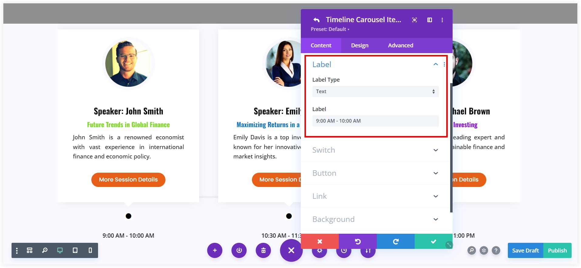 Add time in a Speaker Timeline carousel