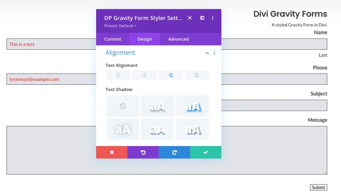 Alignment setting of the Gravity form styler module