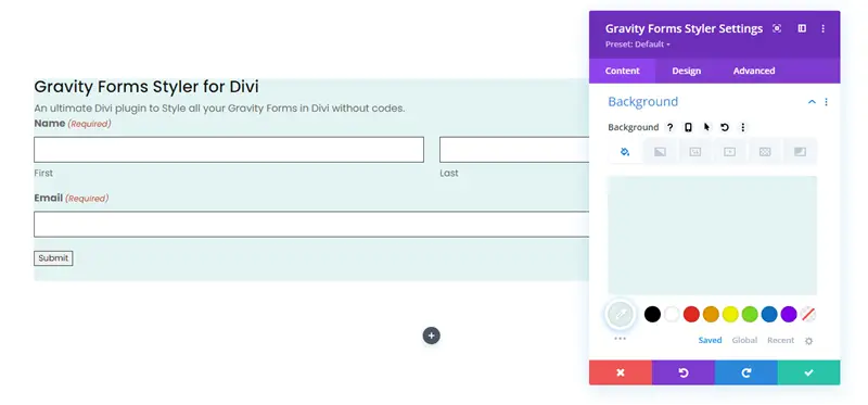 Background customization options for Divi Gravity forms styler