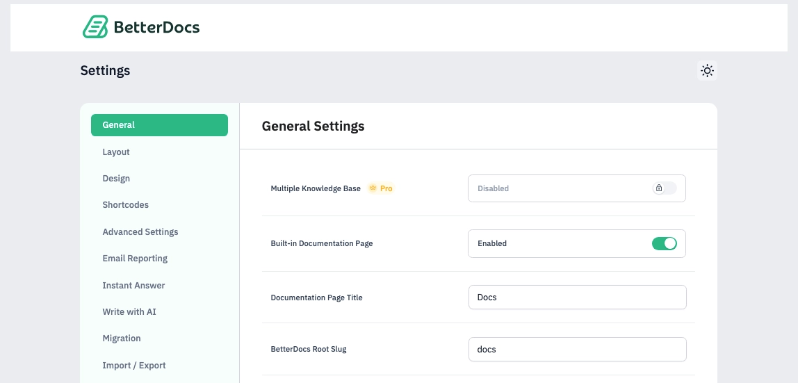 BetterDocs settings page