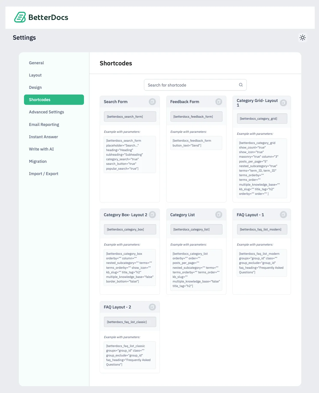 BetterDocs shortcodes