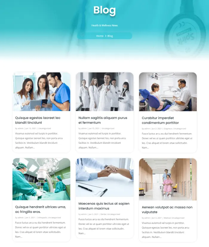 Blog page in Divi Plus medical child theme