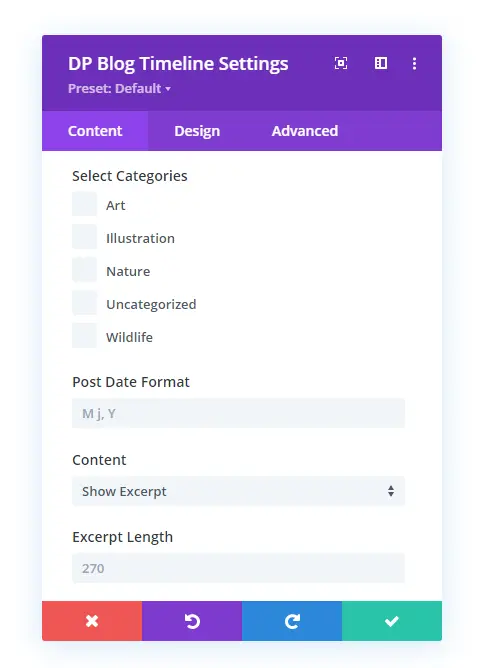 Category, date format, excerpt length and more in the blog timeline