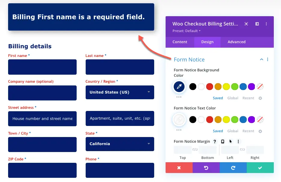 Checkout billing form notice in Divi modules for WooCommerce