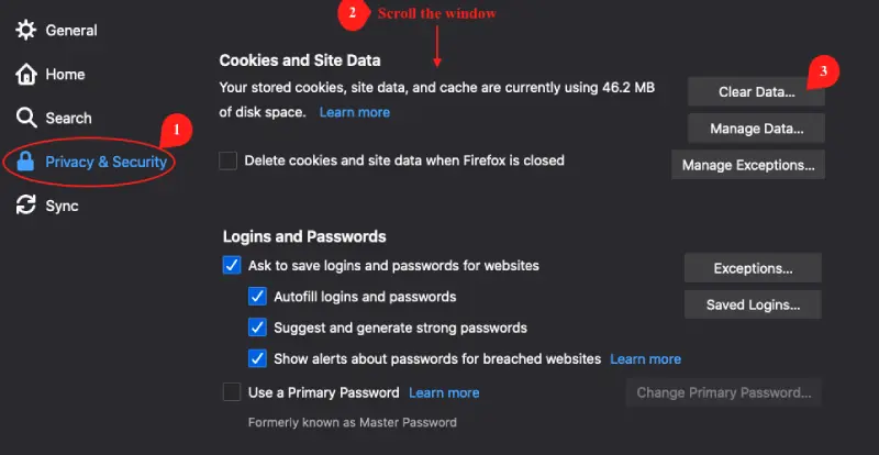 Choosing privacy and settings to open cache settings in Mozilla Firefox