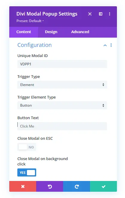 Configuration options of the Divi Modal Popup