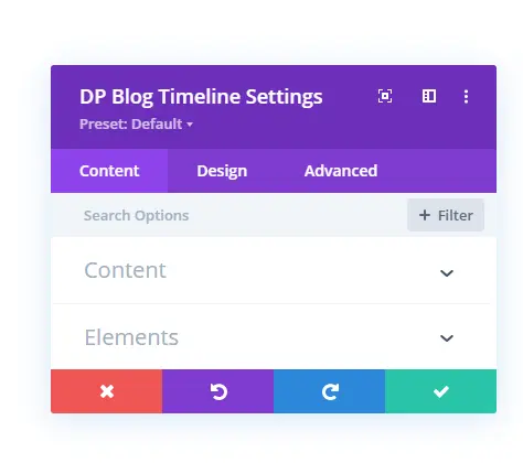 Content tab settings of Divi Plus blog timeline module