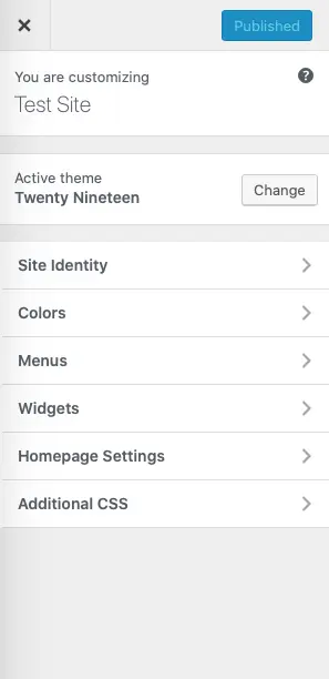 Customization menu of twenty nineteen