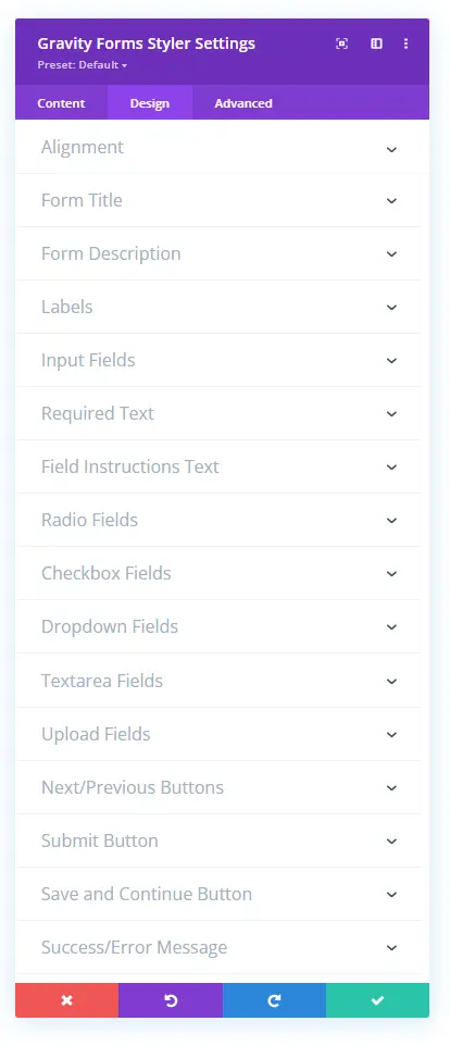 Design options of the Gravity forms styler plugin for Divi