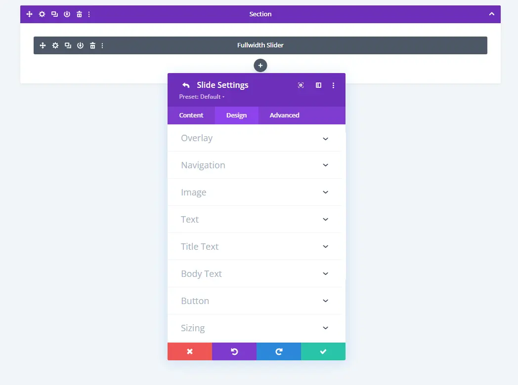 Design settings of slide in Divi