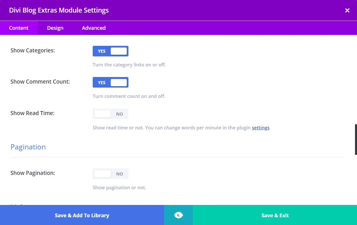 Divi Blog Extras read time settings