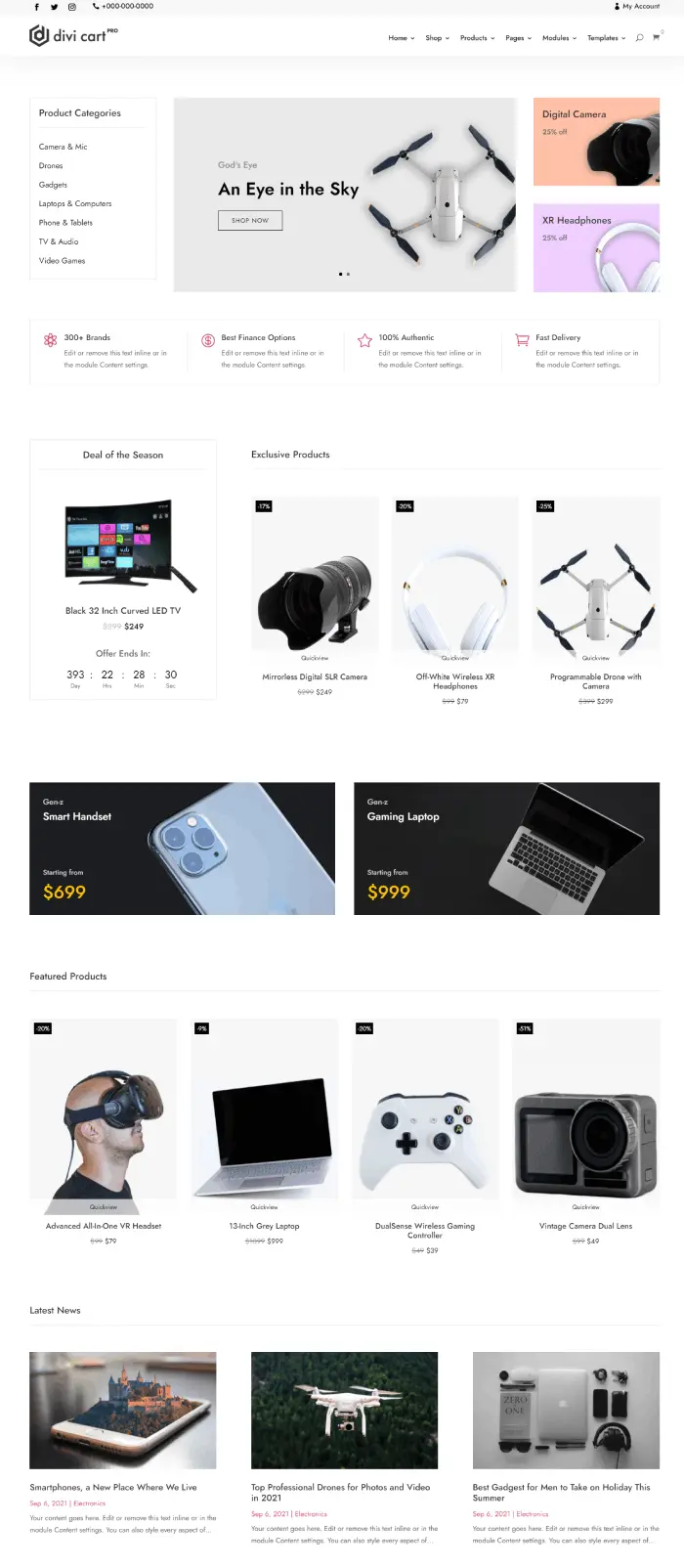 Divi Cart Pro electronics homepage