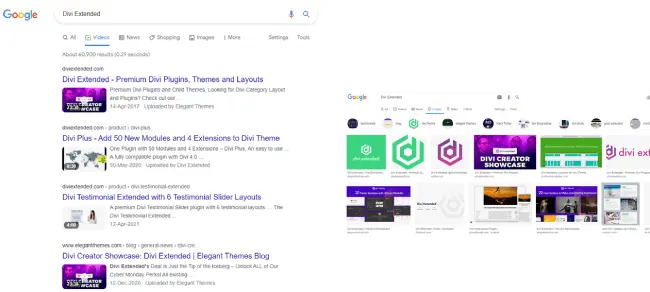 Divi Extended in Google videos and images search results