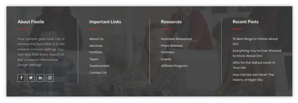 Divi Flexile footer layout 1