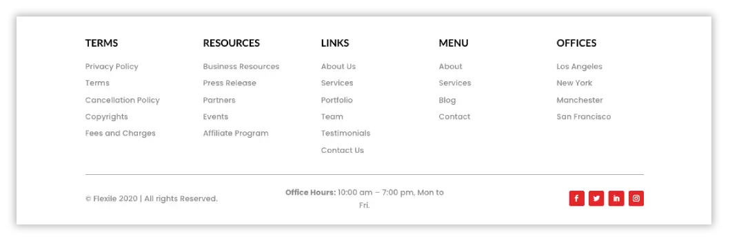 Divi Flexile footer layout 14