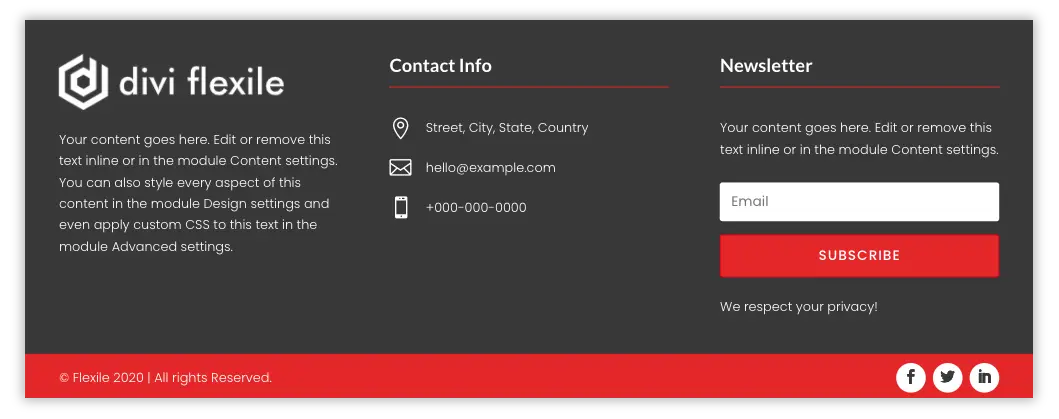Divi Flexile footer layout 3