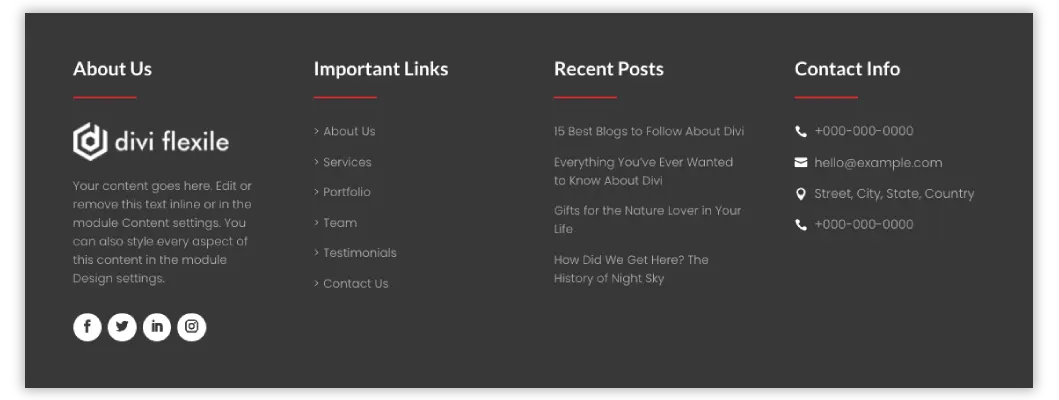 Divi Flexile footer layout 7
