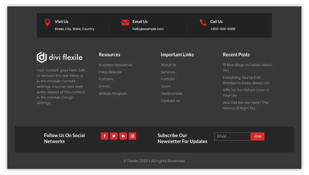 Divi Flexile footer layout 9