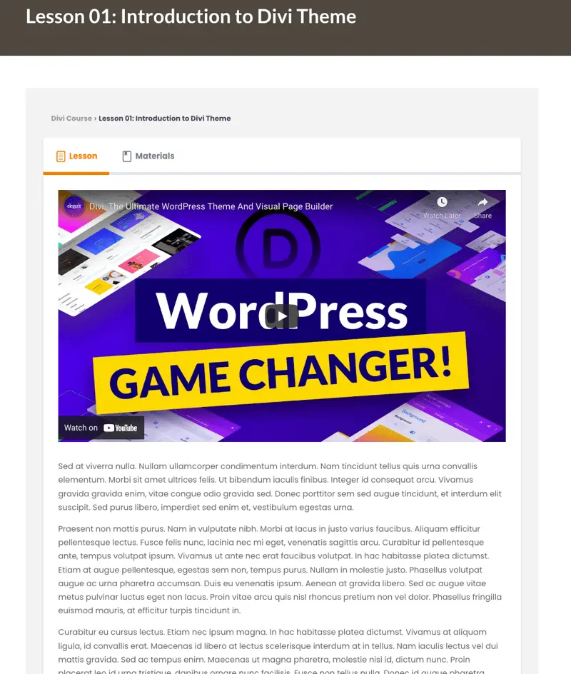 Divi Foster lesson page layout