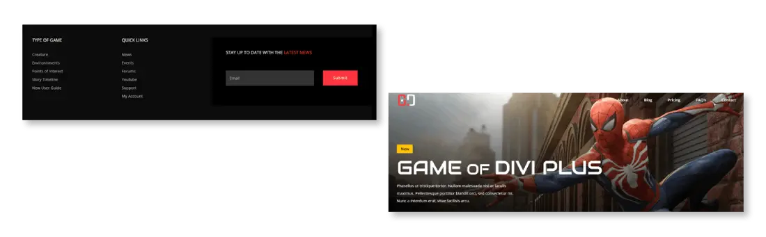 Divi gaming theme header and footer section