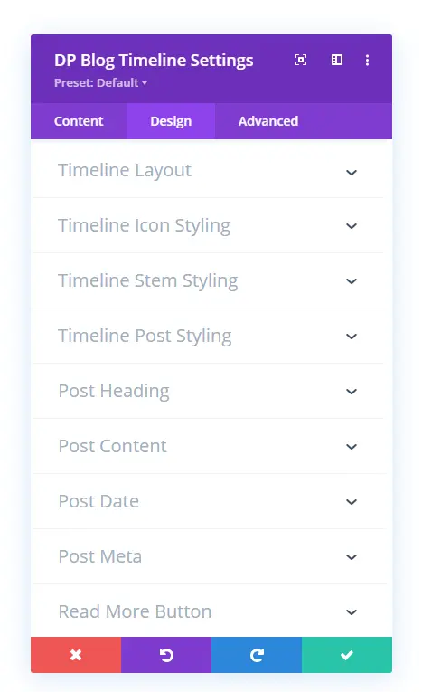 Divi Plus blog timeline design settings