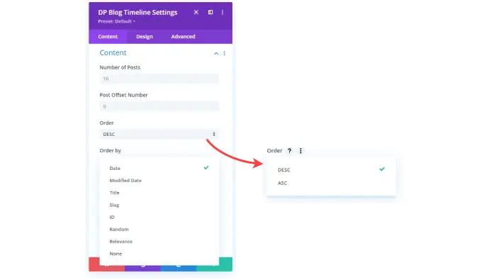 Divi Plus blog timeline module and its content settings