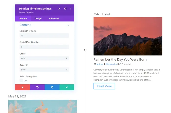 Divi Plus blog timeline module and its first look
