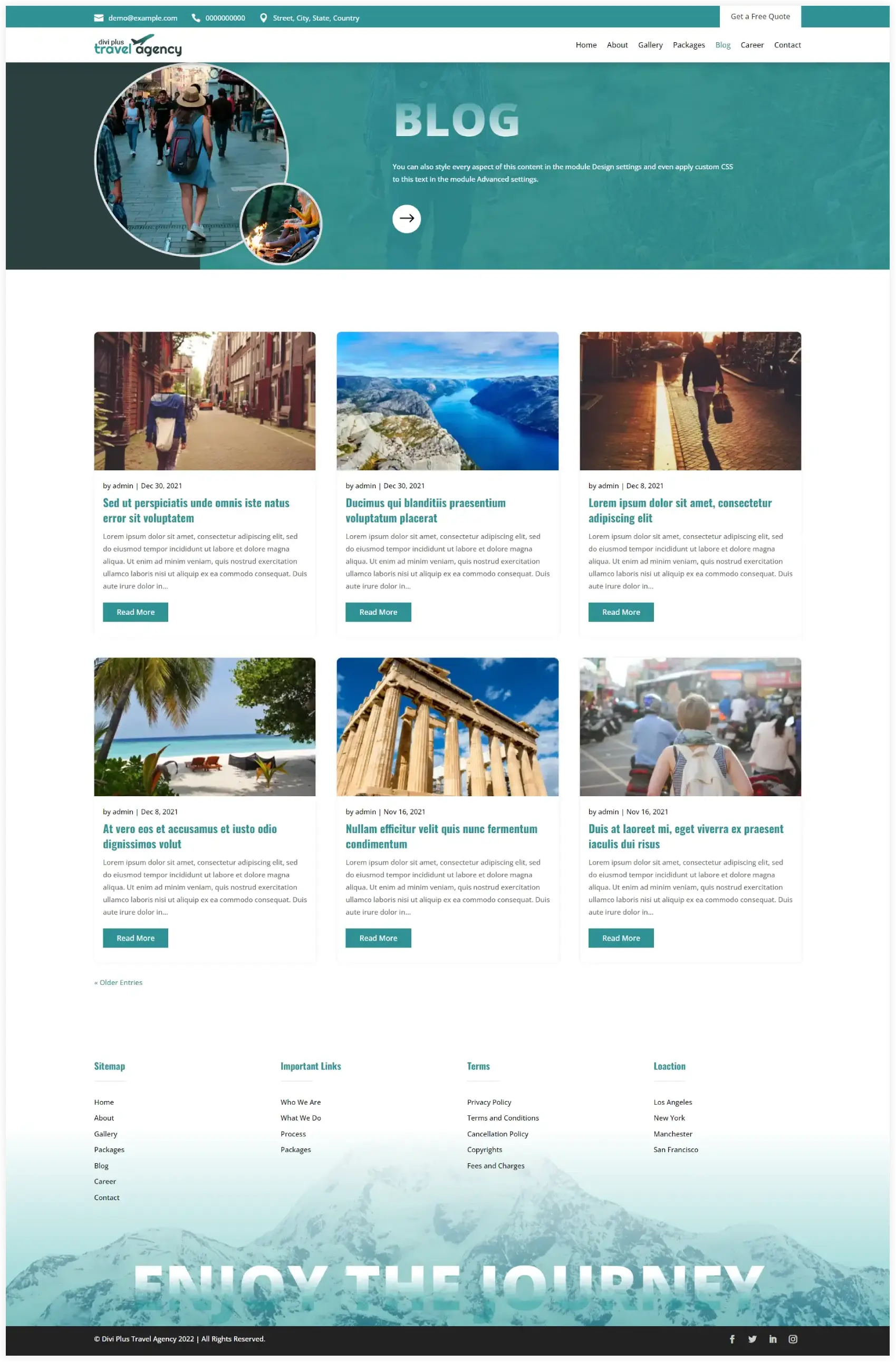 Divi Travel Agency Blog page layout