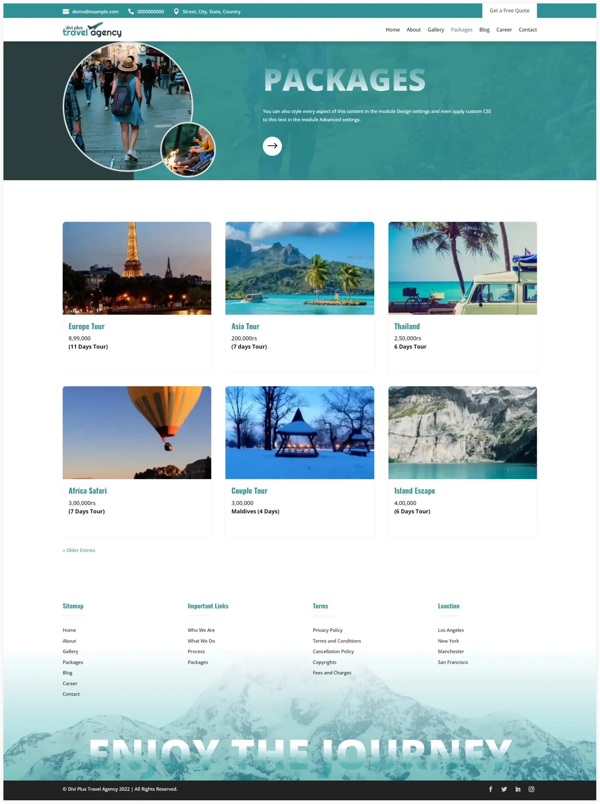 Divi Travel Agency Packages page layout