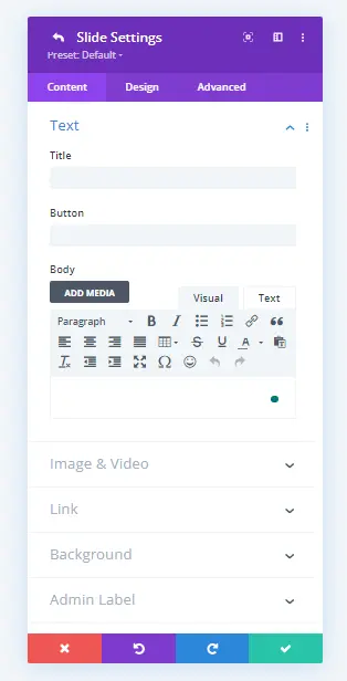 Divi slide settings