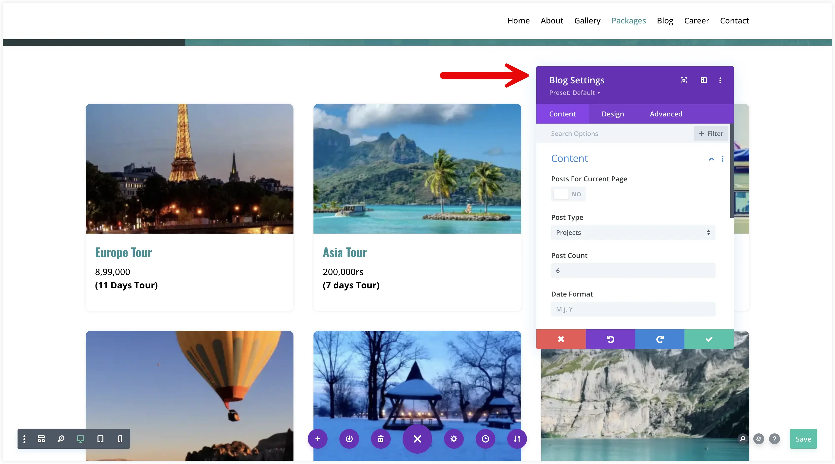 Customize Divi Travel Agency packages page