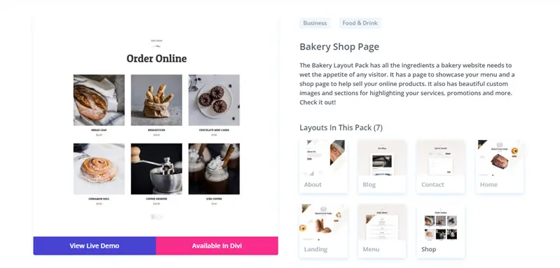 Divi WooCommerce bakery layout