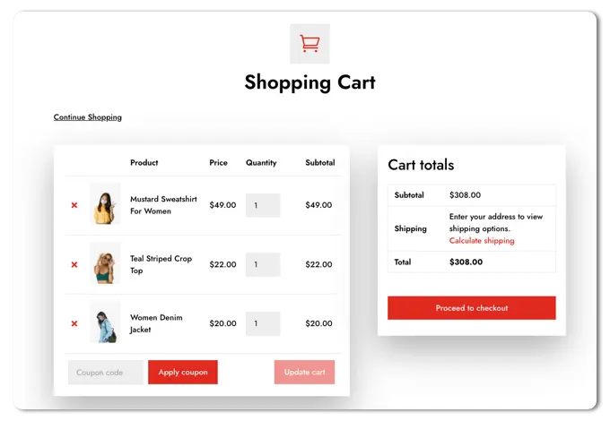 Divi WooCommerce cart page layout with cart totals